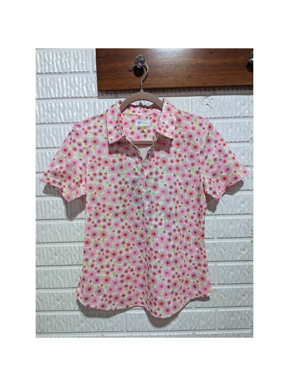Greg Norman Womens Short Sleeve White Pink Abstract Pinwheel Print Polo Shirt S